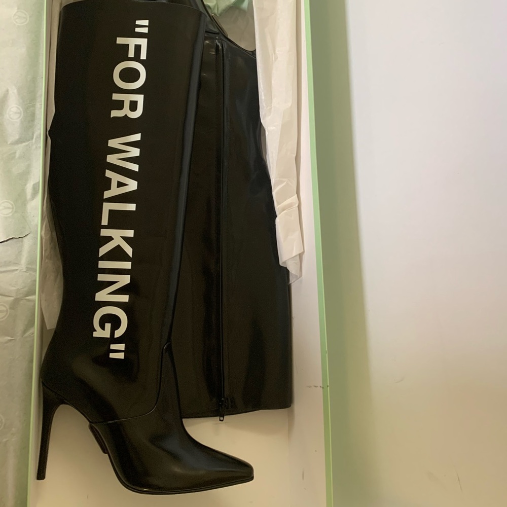 Off-white “For Walking” knee high boots